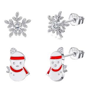 🆕STERLING SILVER HOLIDAY STUDS SET! 1PAIR OF SNOWMEN & 1PAIR OF SNOWFLAKE